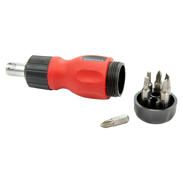 Alpha Tools Mini-Schraubendreher-Set - Farbe: Schwarz/Rot - Nahaufnahme eines Schraubendrehers mit verschiedenen Bits. Das Set bietet Vielseitigkeit für Reparaturen und Bauprojekte.