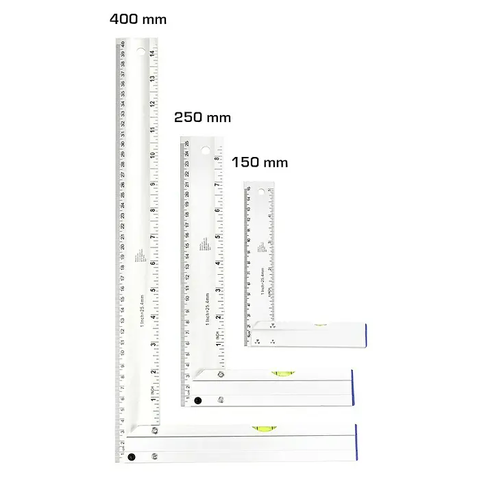 Alpha Tools Schreinerwinkel-Set - 3 -tlg., Aluminium, Wasserwaage im Griff - Verschiedene Messwerkzeuge, darunter ein langer Messstab und mehrere Winkelmesser mit Wasserwaagen.