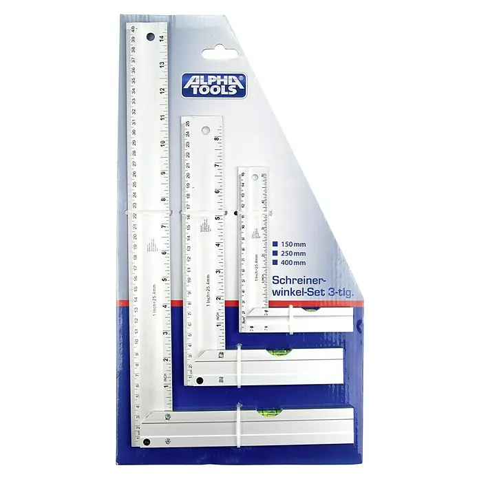 Alpha Tools Juego de escuadras - 3 pzs., Aluminio, Nivel de burbuja en asa - Imagen de un juego de escuadras de carpintero Alpha Tools con tres piezas de diferentes tamaños, empaquetado en un recipiente de plástico azul.