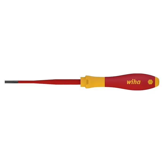 Wiha Elektriker-Schraubendreher SlimFix VDE - SL 4,5 mm, Klingenlänge: 125 mm - Abgebildeter Wiha Schlitz-Schraubendreher mit rotem Griff und gelbem Wiha-Logo für Schraubarbeiten mit optimaler Kraftübertragung.
