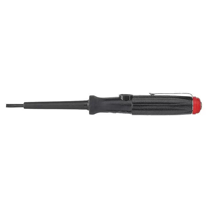Wiha Spannungsprüfer 150 - 250 Volt - Klingenlänge: 60 mm - Schwarzer Schraubendreher mit Schlitzspitze, strukturiertem Griff, roter Endkappe und Metall-Taschenclip.