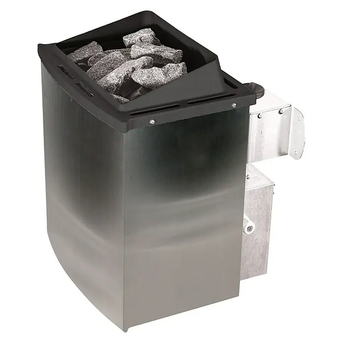 Karibu Elementsauna Nybro - L x B x H: 196 x 231 x 198 cm, Mit 9 kW Saunaofen mit integrierter Steuerung - Saunaofen mit Steinen. Der Saunaofen ist aus Edelstahl und hat einen schwarzen Rahmen. Ideal für entspannende Saunagänge.