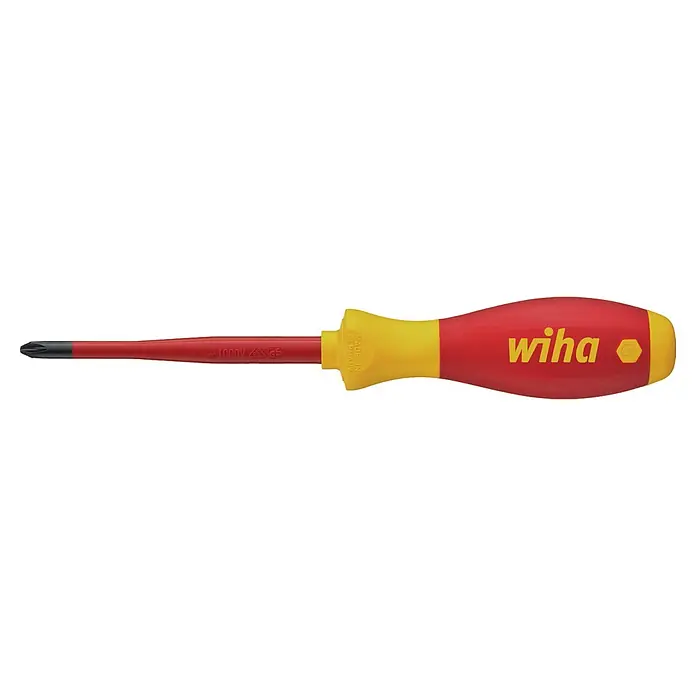 Wiha Elektriker-Schraubendreher SlimFix VDE - PH 1, Klingenlänge: 80 mm - Wiha SoftFinish® Elektrik Schraubendreher mit rotem Griff und gelben Akzenten, isoliert für sicheres Arbeiten an elektrischen Anlagen bis 1.000 V AC.