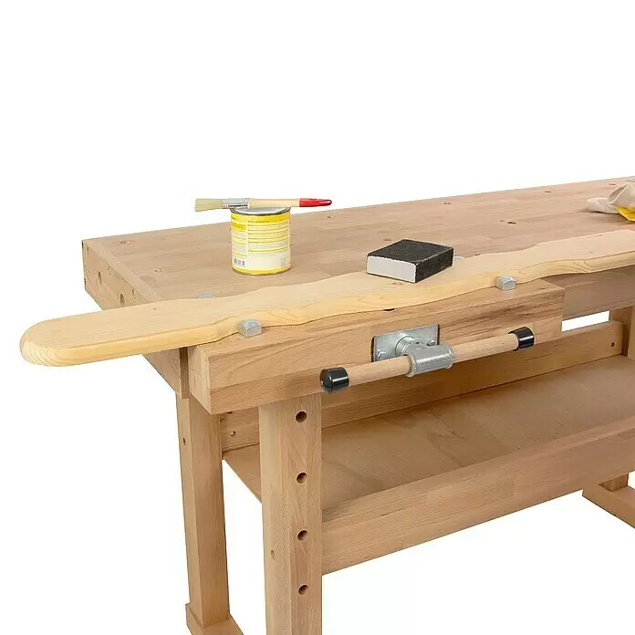 Rikta Hobelbank - L x B: 140 x 50 cm, Arbeitshöhe: 83 cm, Holz - Werkbank aus hellem Holz mit gespannter Holzplatte, Farbdose, Pinsel und Schleifklotz.