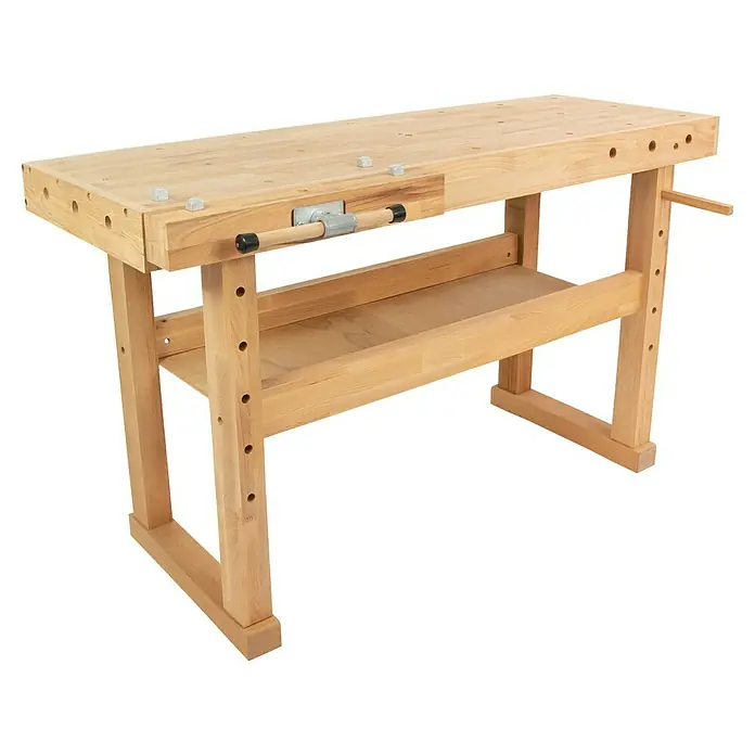 Rikta Hobelbank - L x B: 140 x 50 cm, Arbeitshöhe: 83 cm, Holz - Helle Werkbank aus Holz mit Schraubstock und Ablagefläche für Werkstattarbeiten. Ideal für Handwerker und Heimwerker.