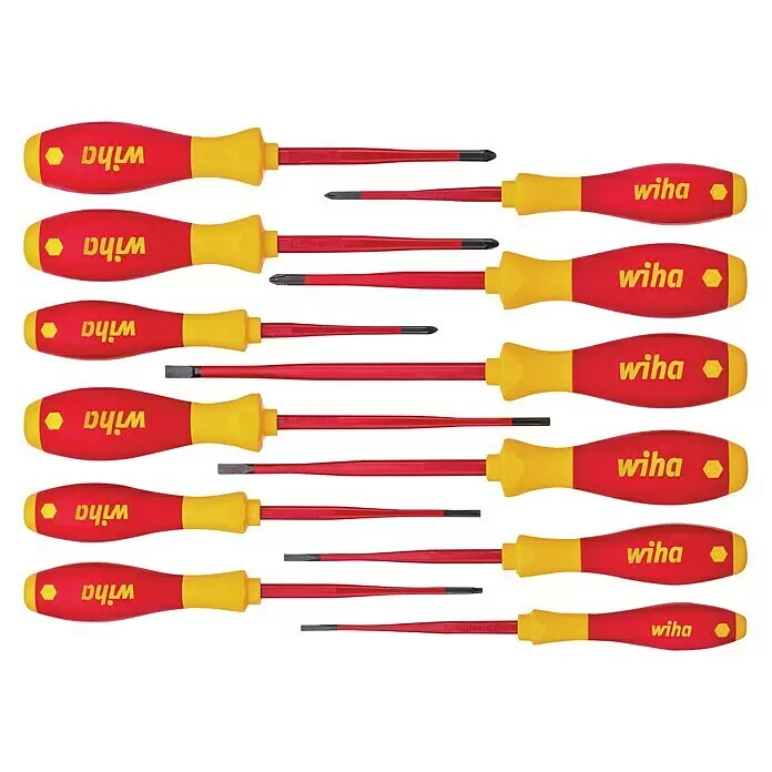 Wiha Schraubendreher-Set SoftFinish Electric slimFix VDE - 12 -tlg. - Set isolierter Wiha Schraubendreher mit roten und gelben Griffen und verschiedenen Spitzen.