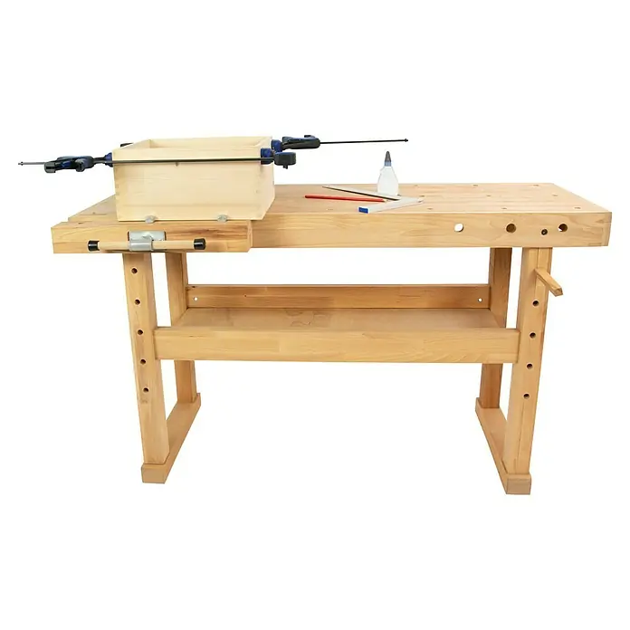 Rikta Hobelbank - L x B: 140 x 50 cm, Arbeitshöhe: 83 cm, Holz - Werkbank mit Holzbox, Schraubzwingen, Leim, Bleistift und Winkel. Ideal für Holzbearbeitung und Heimwerkerprojekte.