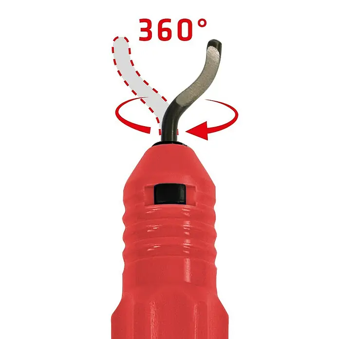 Wisent Entgrater - 12 -tlg., 360 ° drehbares Gehäuse - Das Bild zeigt ein rotfarbenes Werkzeug mit einer 360° drehbaren Klinge, ideal für präzise Schnitte.