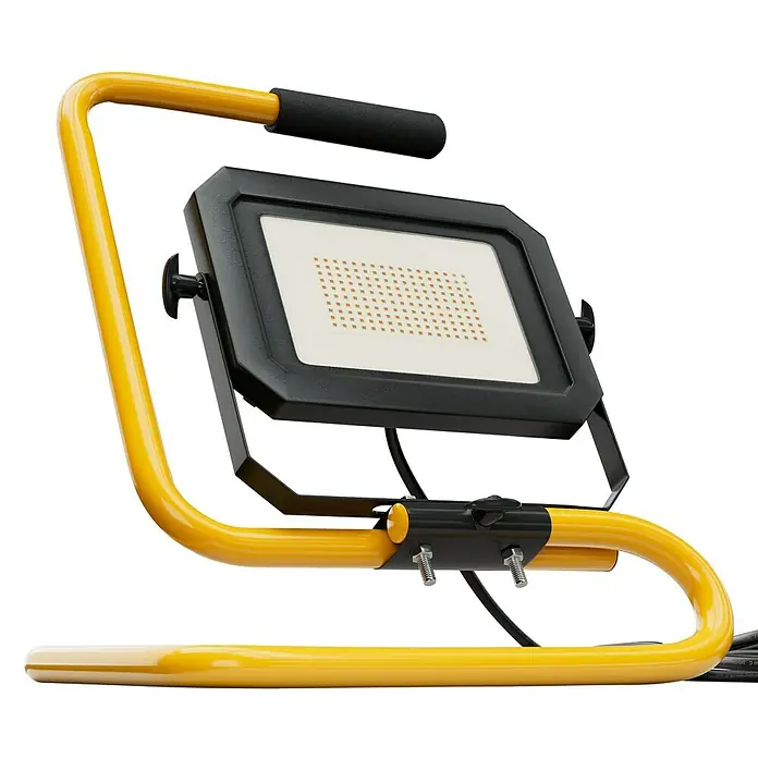 Profi Depot LED-Strahler - 30 W, 4.950 lm, 4.000 K, L x B x H: 22,9 x 29 x 35,4 cm, IP65 - Arbeitsleuchte mit gelbem Stativ und schwarzem Griff. Die Leuchte hat eine rechteckige Form und ist mit kleinen LEDs bestückt.