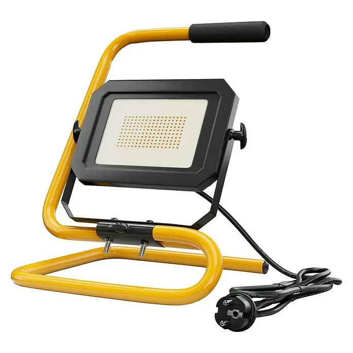 Profi Depot LED-Strahler - 30 W, 4.950 lm, 4.000 K, L x B x H: 22,9 x 29 x 35,4 cm, IP65 - Eine LED-Baustellenleuchte mit gelbem Gestell und schwarzem Kabel, ideal für den Einsatz auf Baustellen.