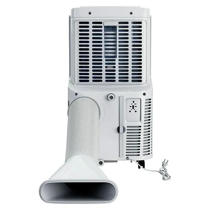 Voltomat Mobiles Klimagerät WiFi 12.000 BTU - 3.500 W, Raumgröße: 35 m², Weiß - Rückansicht einer tragbaren Klimaanlage mit Abluftschlauch und Netzkabel. Das Gerät ist weiß und hat Lüftungsschlitze.