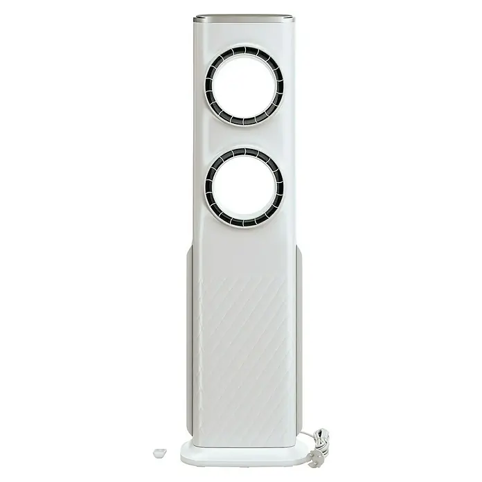 Voltomat Turmventilator Buco - Silber, 100,6 cm, 120 W - Ein schlanker, weißer Turmluftreiniger mit zwei runden Auslässen und einer strukturierten Frontplatte für saubere Luft und modernes Design.
