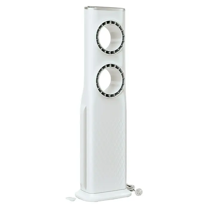 Voltomat Turmventilator Buco - Silber, 100,6 cm, 120 W - Ein weißer Turmventilator mit zwei runden Öffnungen. Modernes Design für effektive Kühlung.