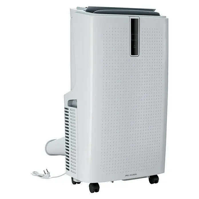 Voltomat Mobiles Klimagerät WiFi 12.000 BTU - 3.500 W, Raumgröße: 35 m², Weiß - Eine Nahaufnahme eines tragbaren, weißen PRO KLIMA Klimageräts, das auf einem schwarzen Hintergrund steht, mit sichtbarem Bedienfeld und Abluftschlauch.