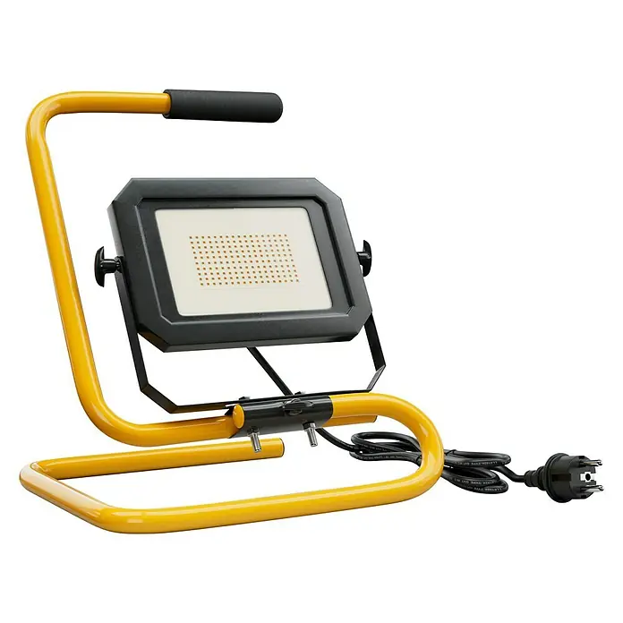 Profi Depot LED-Strahler - 30 W, 4.950 lm, 4.000 K, L x B x H: 22,9 x 29 x 35,4 cm, IP65 - Eine gelbe LED-Baustrahler-Leuchte mit schwarzem Rahmen und einem Stecker, ideal für Werkstätten und Baustellen.