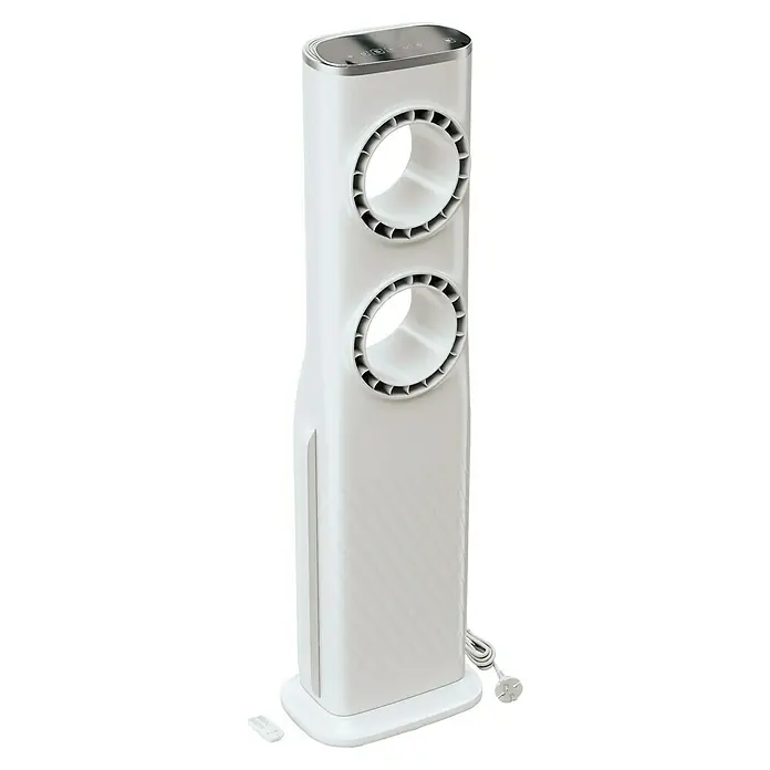 Voltomat Turmventilator Buco - Silber, 100,6 cm, 120 W - Ein eleganter, weißer Turmventilator mit zwei Luftauslässen und digitaler Steuerung bietet erfrischende Kühlung für jeden Raum.