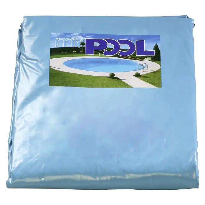 myPool Poolfolie - Ø x H: 360 x 90 cm, Stärke: 0,6 mm, Blau - Das Bild zeigt eine verpackte Poolfolie. Sie ist blau und mit einem Etikett versehen, das ein Schwimmbad zeigt. Optimaler Schutz für Ihren Pool.