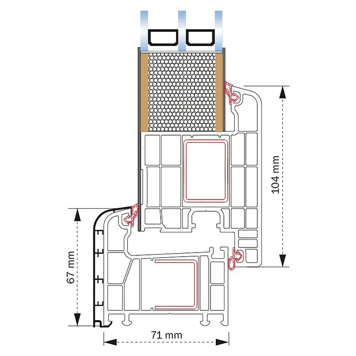 Haustür Smart KS-108 - 110 x 210 cm, DIN Anschlag: Rechts, Verkehrsweiß - Querschnitt einer Fensterprofilkonstruktion mit Maßangaben. Das Profil zeigt technische Details und Abmessungen für Bauanwendungen.