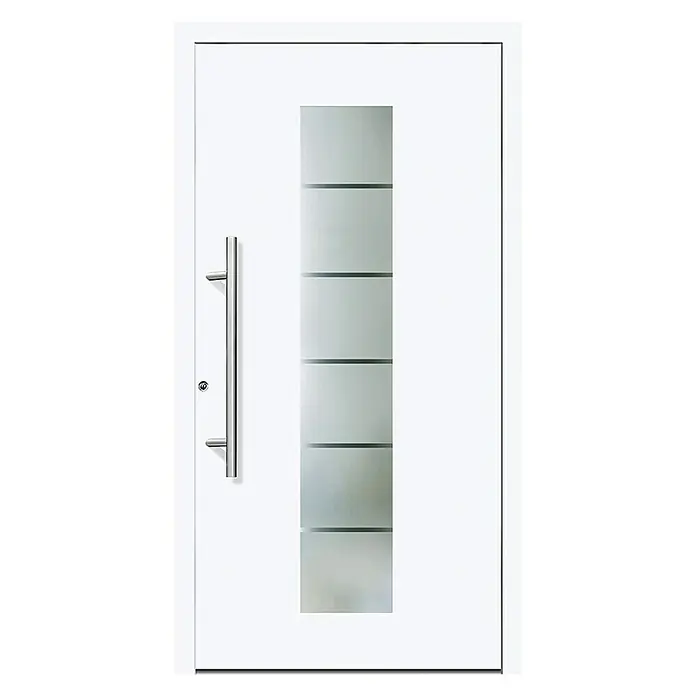 Haustür Smart KS-108 - 110 x 210 cm, DIN Anschlag: Links, Verkehrsweiß - Elegante weiße Eingangstür mit modernem Glasdesign und einem schlanken, senkrechten Türgriff für ein zeitgemäßes Erscheinungsbild.