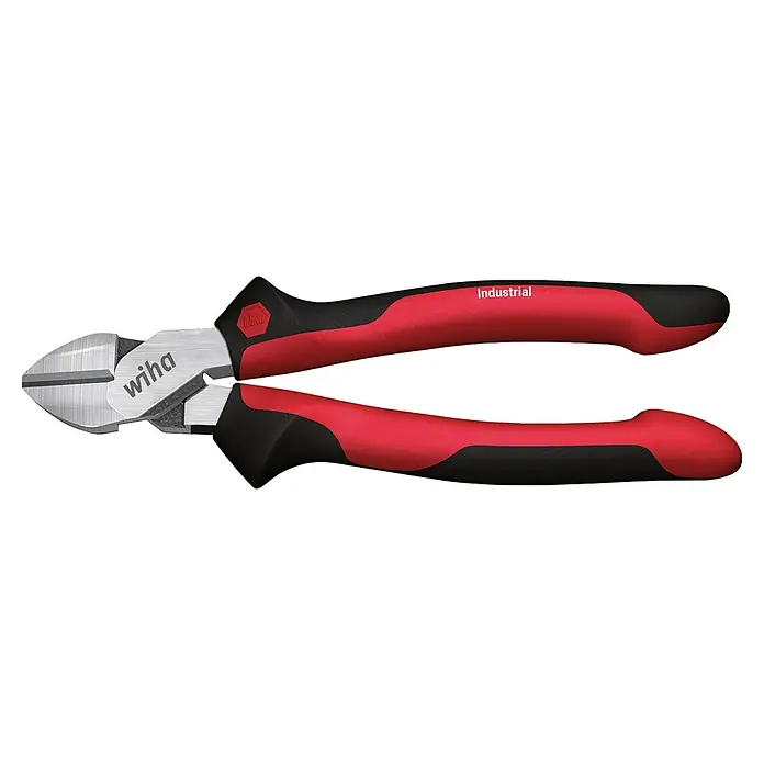 Wiha Seitenschneider Industrial - Länge: 18 cm - Das Bild zeigt eine Wiha Industrial Seitenschneider Zange mit rot-schwarzen Griffen und silberfarbenen Schneidflächen vor einem schwarzen Hintergrund.