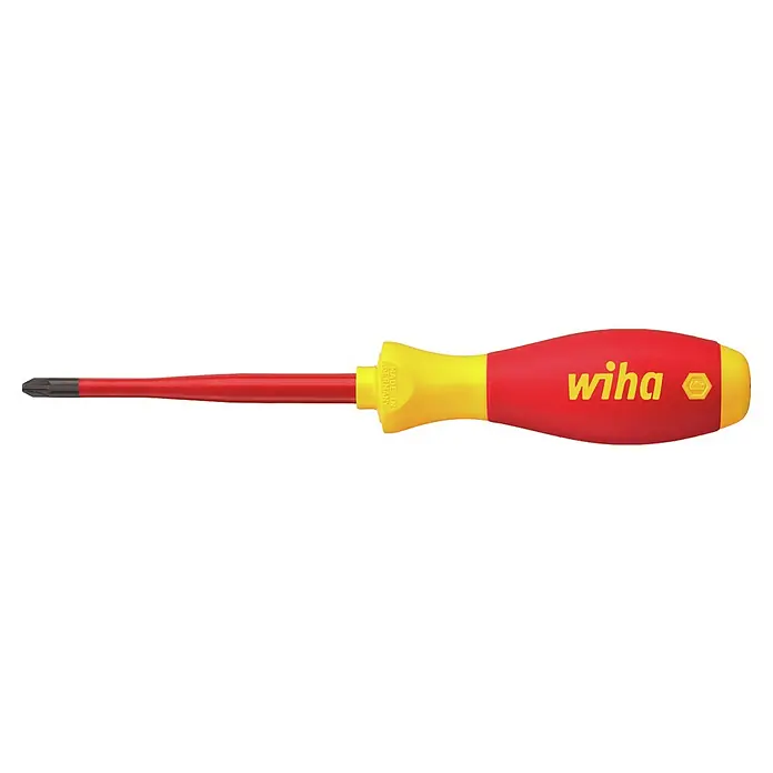 Wiha Elektriker-Schraubendreher SlimFix VDE - SL/PZ2, Klingenlänge: 100 mm - Abbildung eines Wiha-Schraubendrehers mit rotem und gelbem Griff und schwarzer Spitze. Ein Werkzeug für Profis und Heimwerker.