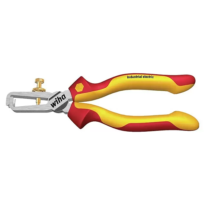 Wiha Abisolierzange Industrial electric - Länge: 17 cm - Wiha Abisolierzange mit silbernem Metallkörper, goldener Stellschraube und rot-gelben isolierten Griffen, beschriftet mit "Industrial electric".