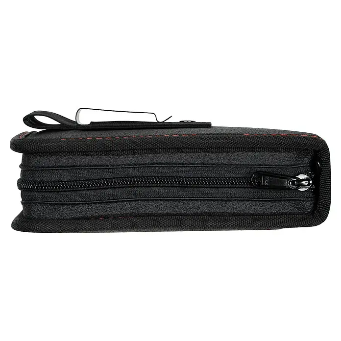 Wiha Steckschlüssel-Set Socket-Metric - 40 -tlg., Antriebsgröße: ¼″ Außensechskant - Nahaufnahme einer schwarzen Gürteltasche mit roter Naht, Reißverschluss und Metallclip zur Befestigung am Gürtel.