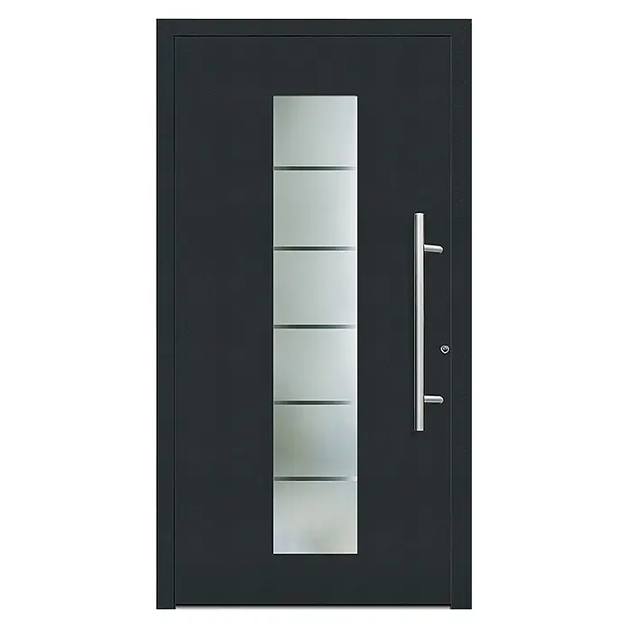 Haustür Smart KS-108 - 110 x 210 cm, DIN Anschlag: Rechts, Anthrazitgrau/Verkehrsweiß - Moderne Eingangstür in Anthrazit mit senkrechten Glasfeldern und einem langen, silberfarbenen Griff. Die Tür ist schlicht und elegant.