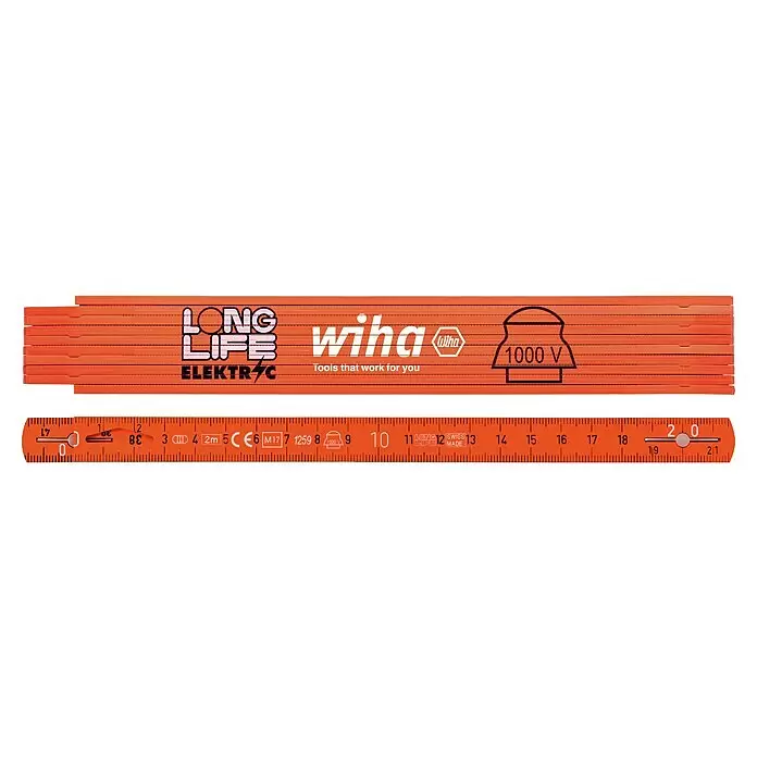 Wiha Zollstock Longlife® - Länge: 2 m - Oranger Wiha Gliedermaßstab mit „Long Life Elektric“-Branding, 1000V Isolation und sichtbaren Messwerten.
