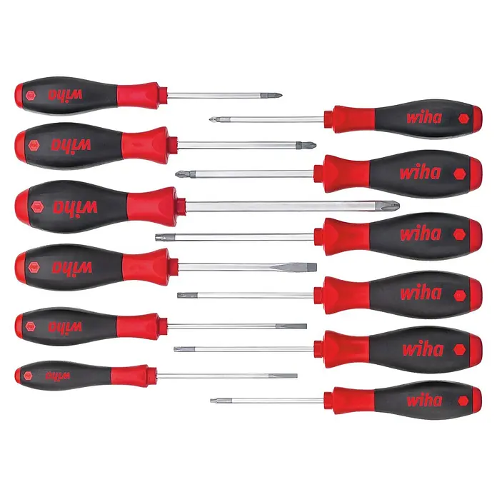 Wiha Set de destornilladores SoftFinish® - 12 pzs., Acero, Específico para: Ranura y cruz PH/PZ, Tornillos TORX® - Un juego de destornilladores Wiha con mangos ergonómicos en rojo y negro, perfecto para profesionales y aficionados al bricolaje.