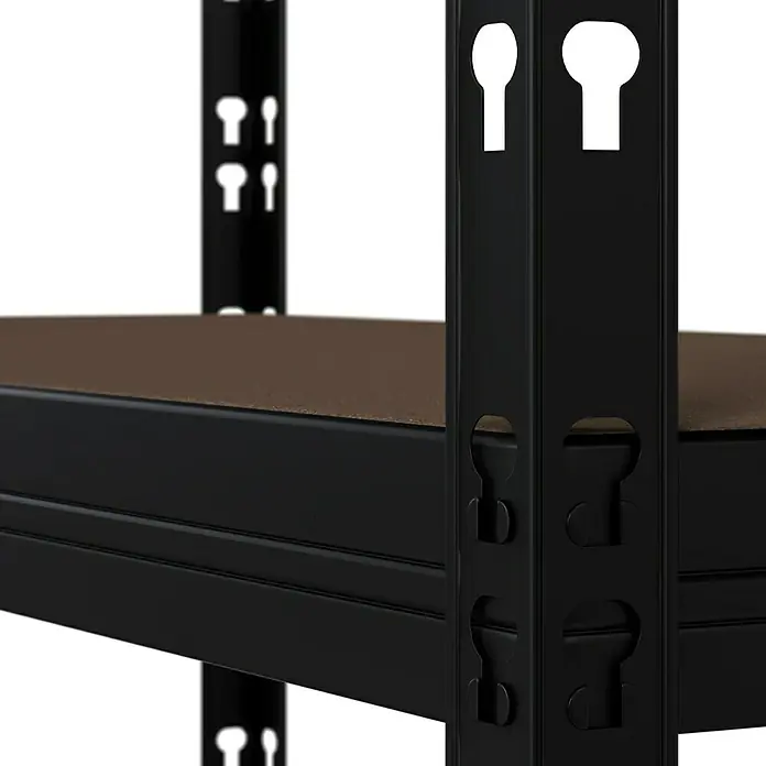 Regalux Schwerlastregal - H x B x T: 180 x 90 x 45 cm, Traglast pro Boden: 200 kg, Anzahl Böden: 5 Stk., Stecken, Schwarz - Detailaufnahme eines schwarzen Metallregals mit braunen Einlegeböden. Die Lochstruktur der Regalsäule ist gut sichtbar.