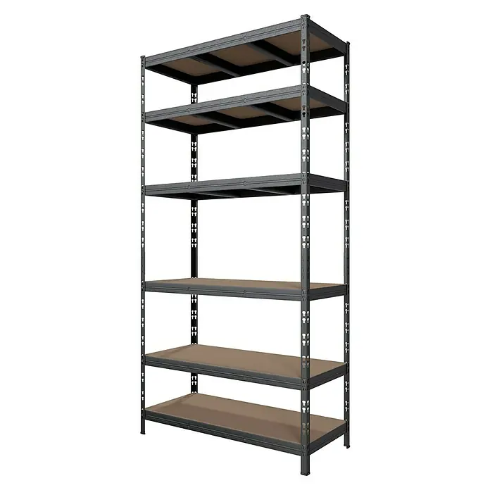 Regalux Schwerlastregal - H x B x T: 200 x 100 x 45 cm, Traglast pro Boden: 250 kg, Anzahl Böden: 6 Stk., Stecken, Anthrazit - Ein Regal mit sechs Ablagen und einem stabilen Metallrahmen, ideal für Lagerung und Organisation in Werkstatt oder Garage.