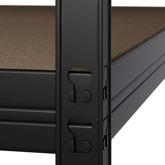 Regalux Eckregal - H x B x T: 180 x 75 x 45 cm, Traglast pro Boden: 200 kg, Anzahl Böden: 5 Stk., Stecken, Schwarz - Detailaufnahme eines schwarzen Metallregals mit braunen Regalböden, das die robuste Bauweise und das verstellbare Design hervorhebt.