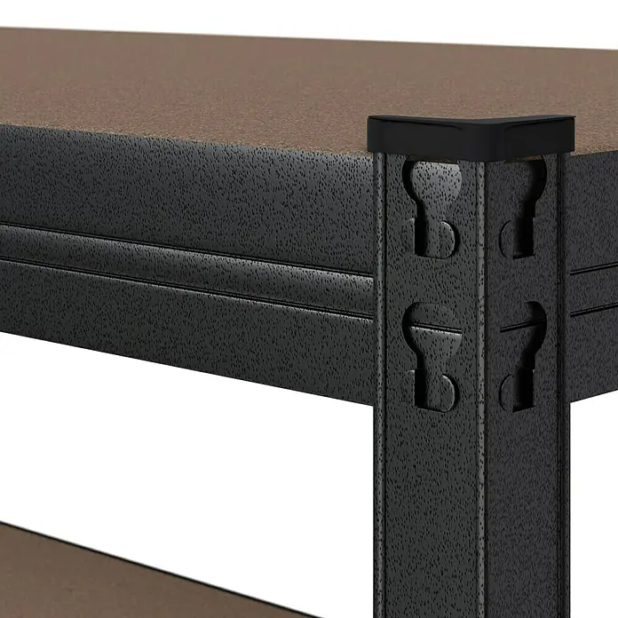 Regalux Schwerlastregal - H x B x T: 226 x 90 x 45 cm, Traglast pro Boden: 200 kg, Anzahl Böden: 7 Stk., Stecken, Anthrazit - Detailaufnahme eines schwarzen Metallregals mit brauner Ablagefläche, das Stabilität und Funktionalität vereint.