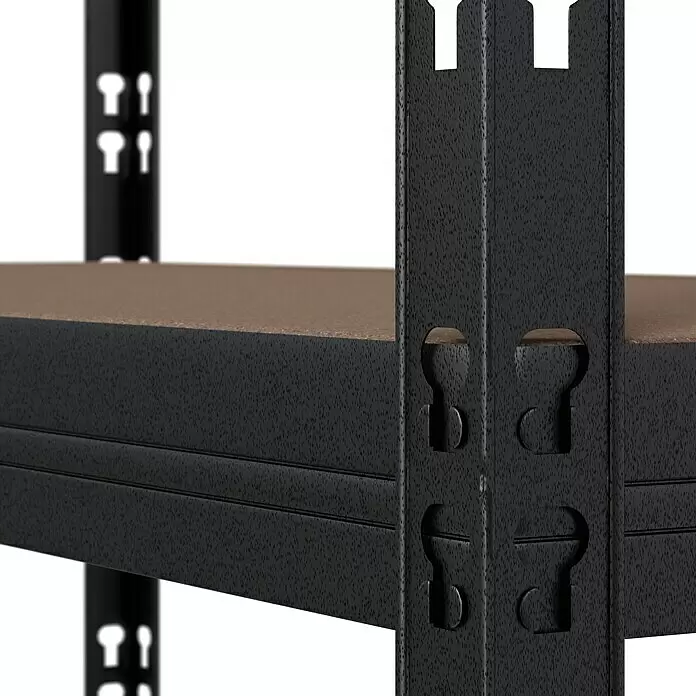 Regalux Schwerlastregal - H x B x T: 226 x 90 x 45 cm, Traglast pro Boden: 200 kg, Anzahl Böden: 7 Stk., Stecken, Anthrazit - Nahaufnahme eines schwarzen Metallregals mit braunem Holzregalboden, das die Verriegelungsbaugruppe zeigt.