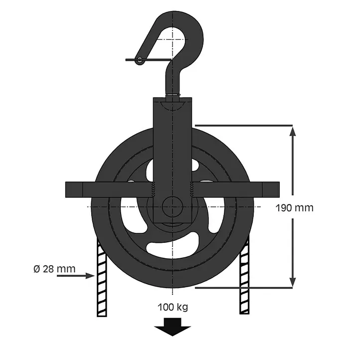 HBS Betz Seilrolle - Typ: Brunnenrolle, Grauguss, Traglast: 100 kg, Durchmesser: 190 mm, 1 Stk. - Darstellung eines schwarzen 100 kg Schwerlast-Deckenhaken-Flaschenzugsystems mit den Maßen 190 mm und Ø 28 mm.