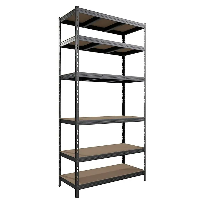Regalux Schwerlastregal - H x B x T: 200 x 100 x 45 cm, Traglast pro Boden: 250 kg, Anzahl Böden: 6 Stk., Stecken, Anthrazit - Ein Regal mit sechs Regalböden aus Holz, umgeben von einem schwarzen Metallrahmen zur Lagerung von diversen Gegenständen.