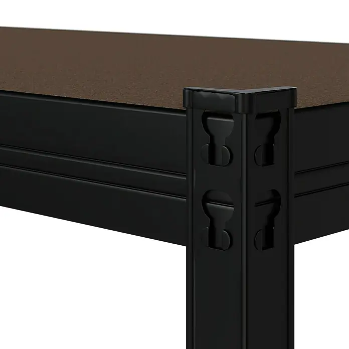 Regalux Schwerlastregal - H x B x T: 180 x 90 x 45 cm, Traglast pro Boden: 200 kg, Anzahl Böden: 5 Stk., Stecken, Schwarz - Detailaufnahme eines schwarzen Regals mit braunen Regalböden, das die robuste Bauweise und Funktionalität des Produkts hervorhebt.