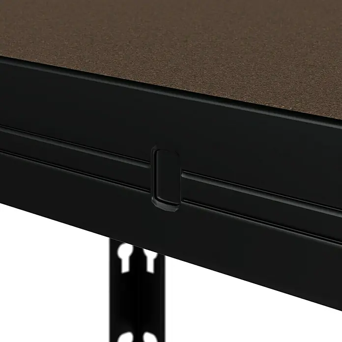 Regalux Schwerlastregal - H x B x T: 180 x 90 x 45 cm, Traglast pro Boden: 200 kg, Anzahl Böden: 5 Stk., Stecken, Schwarz - Detailansicht eines schwarzen Regals mit einer braunen Platte, das die robuste Bauweise und das schlichte Design des Möbelstücks hervorhebt.