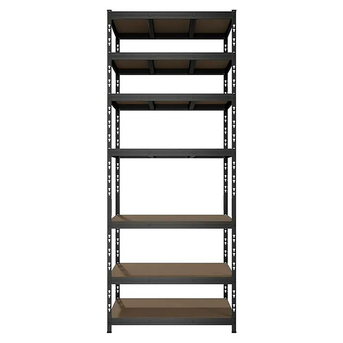 Regalux Schwerlastregal - H x B x T: 226 x 90 x 45 cm, Traglast pro Boden: 200 kg, Anzahl Böden: 7 Stk., Stecken, Anthrazit - Ein Regal mit stabilem Stahlrahmen und mehreren braunen Regalböden, ideal zur Aufbewahrung und Organisation von Gegenständen.