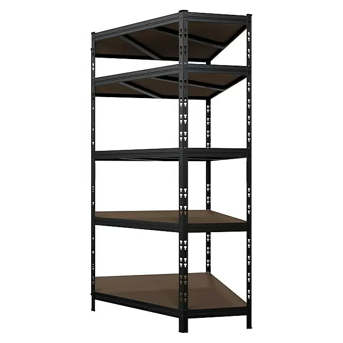 Regalux Eckregal - H x B x T: 180 x 75 x 45 cm, Traglast pro Boden: 200 kg, Anzahl Böden: 5 Stk., Stecken, Schwarz - Dunkles Metallregal mit 5 braunen Holzböden zur Lagerung.