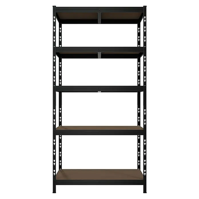 Regalux Schwerlastregal - H x B x T: 180 x 90 x 45 cm, Traglast pro Boden: 200 kg, Anzahl Böden: 5 Stk., Stecken, Schwarz - Das Bild zeigt ein leeres, schwarzes Metallregal mit fünf Regalböden, ideal für Lagerzwecke und Organisation.