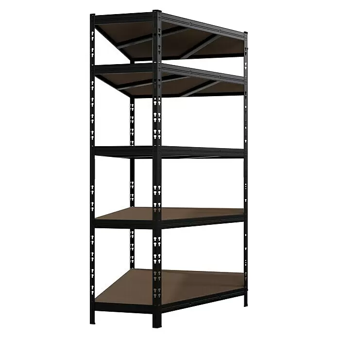 Regalux Eckregal - H x B x T: 180 x 75 x 45 cm, Traglast pro Boden: 200 kg, Anzahl Böden: 5 Stk., Stecken, Schwarz - Fünfstufiges schwarzes Metallregal mit braunen Ablagen zur Aufbewahrung.