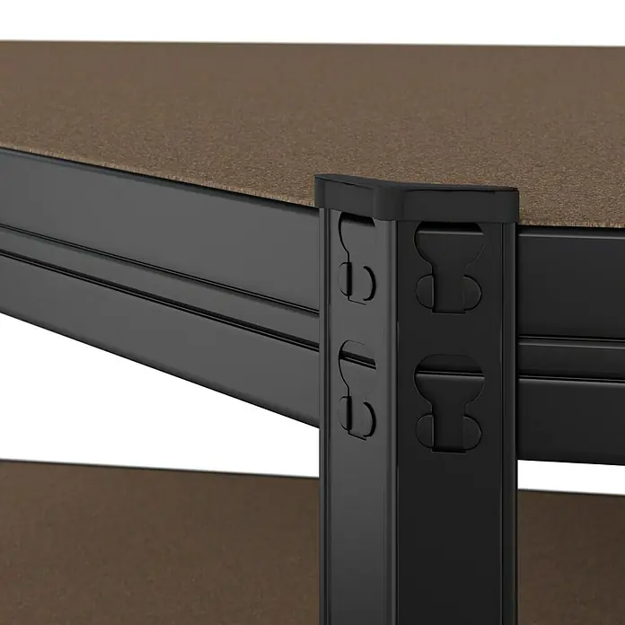 Regalux Eckregal - H x B x T: 180 x 75 x 45 cm, Traglast pro Boden: 200 kg, Anzahl Böden: 5 Stk., Stecken, Schwarz - Detailaufnahme eines schwarzen Lagerregals mit braunen Regalböden. Die Konstruktion ist robust und stabil.