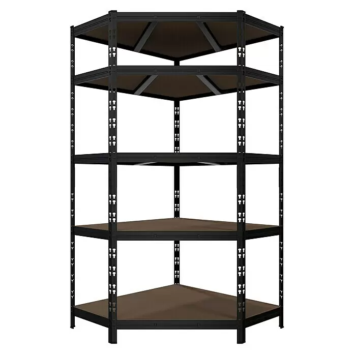 Regalux Eckregal - H x B x T: 180 x 75 x 45 cm, Traglast pro Boden: 200 kg, Anzahl Böden: 5 Stk., Stecken, Schwarz - Schwarzes 5-stöckiges Eckregal aus Metall mit braunen Einlegeböden zur Lagerung.