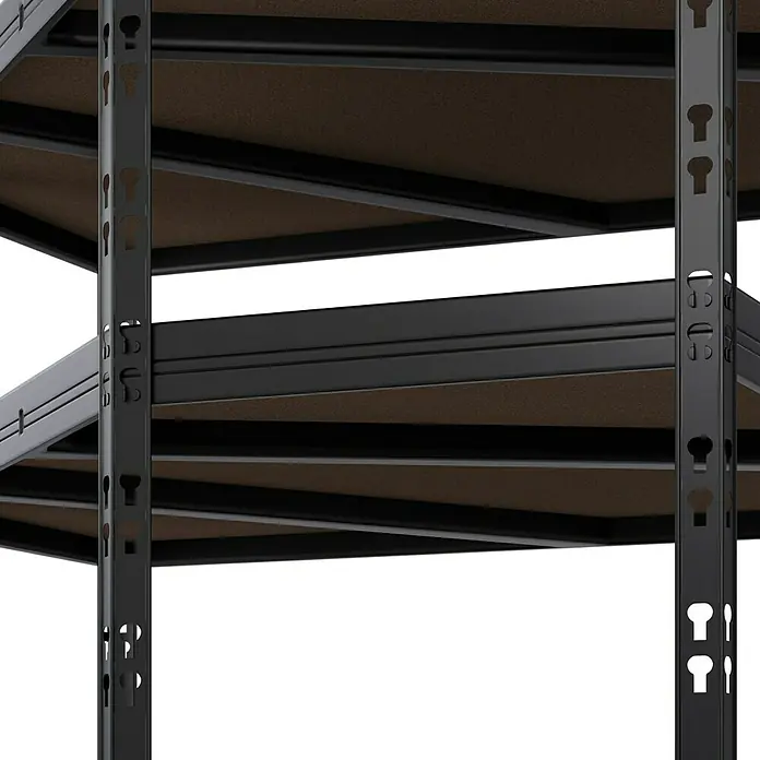 Regalux Eckregal - H x B x T: 180 x 75 x 45 cm, Traglast pro Boden: 200 kg, Anzahl Böden: 5 Stk., Stecken, Schwarz - Aufnahme eines robusten Metallregals mit Regalböden aus Holzwerkstoff, ideal für Lagerung und Organisation.