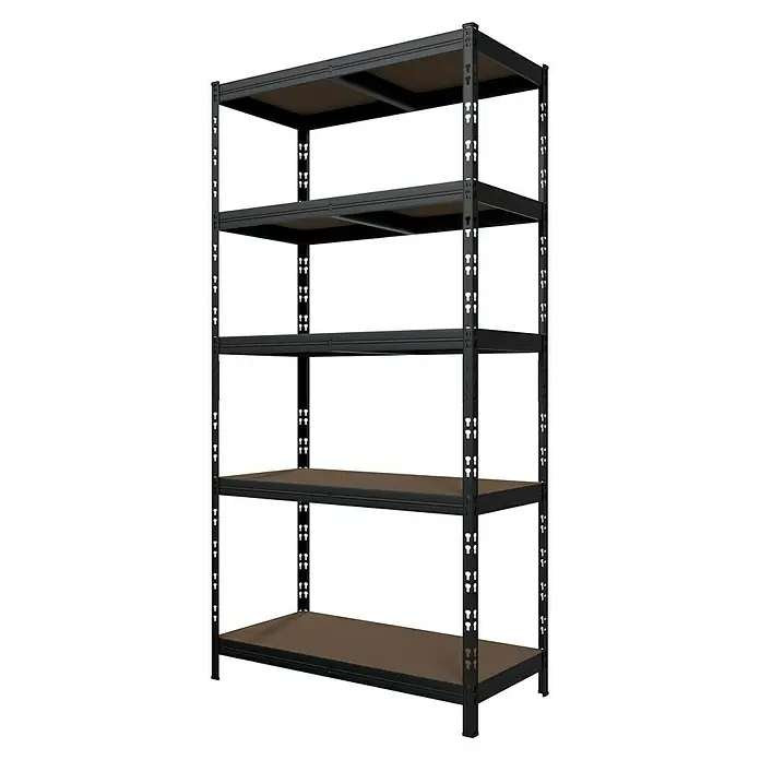 Regalux Schwerlastregal - H x B x T: 180 x 90 x 45 cm, Traglast pro Boden: 200 kg, Anzahl Böden: 5 Stk., Stecken, Schwarz - Ein geräumiges, schwarzes Metallregal mit fünf Ablageflächen, ideal für die Organisation von Gegenständen im Lager oder der Garage.