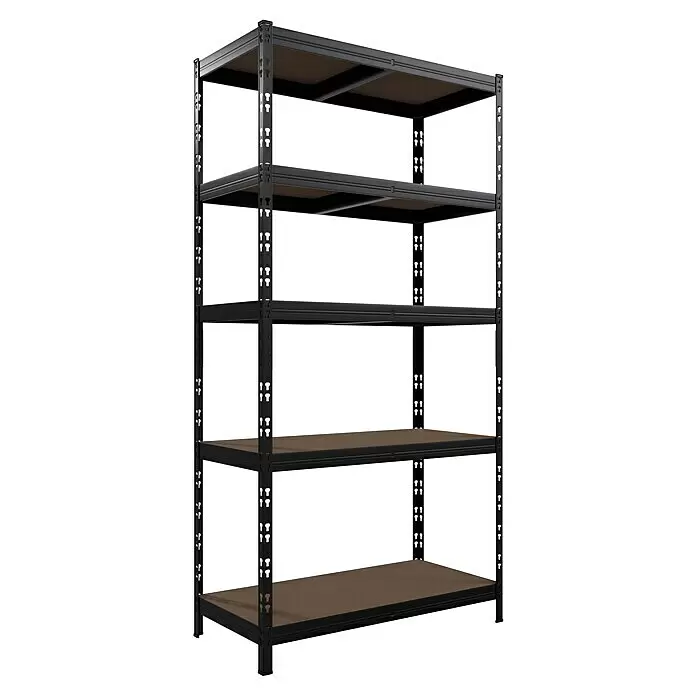 Regalux Schwerlastregal - H x B x T: 180 x 90 x 45 cm, Traglast pro Boden: 200 kg, Anzahl Böden: 5 Stk., Stecken, Schwarz - Fünfstöckiges schwarzes Metallregal mit braunen Ablagen.