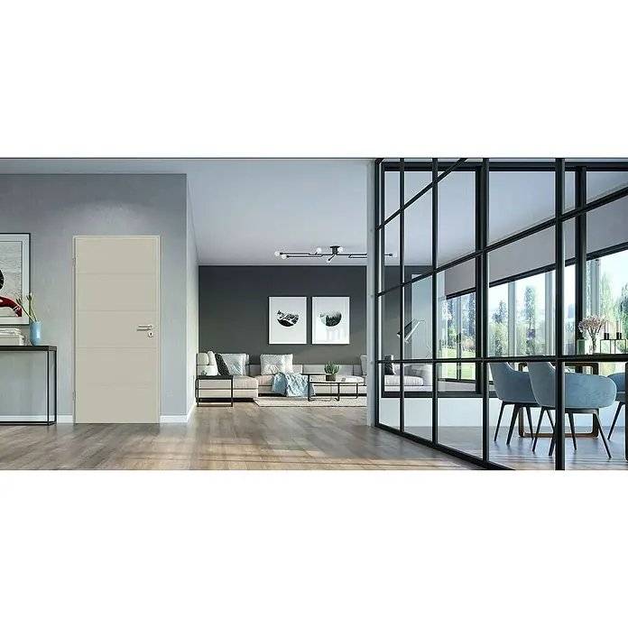 GetaDoor Lamineo Zimmertür GLN 440 - 735 x 1.985 mm, DIN Anschlag: Links, Seidengrau, Röhrenspan - Ein helles, modernes Interieur mit einer stilvollen Tür, die sich nahtlos in das elegante Wohndesign einfügt. Der Raum wirkt einladend und komfortabel.