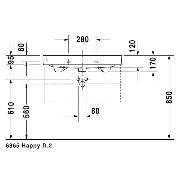Duravit Happy D.2 Waschtisch - 80 x 50,5 cm, Ohne Spezialglasur, Hahnloch: Mitte, Mit Überlauf, Weiß, Ungeschliffen - Schema des Duravit 6365 Happy D.2 Waschtisches mit genauen Abmessungen für Installationszwecke, ideal für Badplaner.
